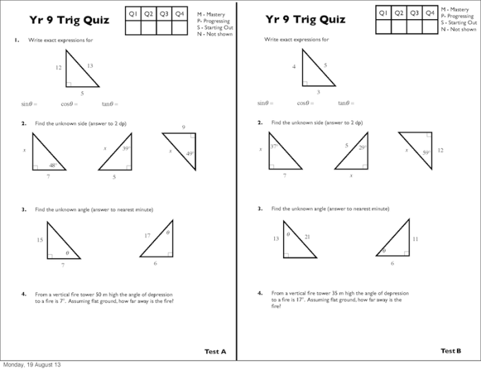 Basic trig quiz-geometry answer key