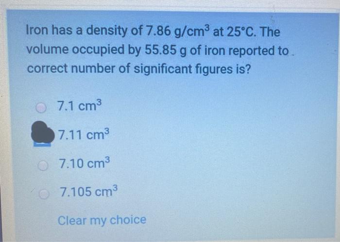 Iron has a density of 7.86 g cm3